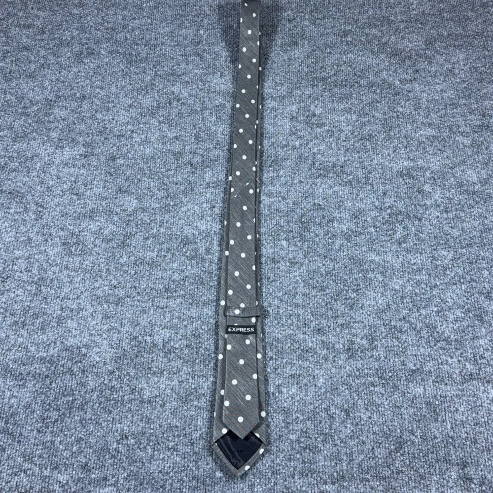 Express Mens Necktie Charcoal Gray White Polka Dot Textured Slim Silk Blend Tie